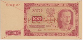 100 złotych 1948 SPECIMEN -AG-

Wzór z przekreśleniami oraz nadrukiem SPECIMEN. Charakterystyczny dla tej serii ciemny, kremowy papier. 
Ugięty prz...