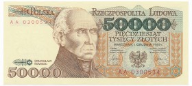 50.000 złotych 1989 -AA-

Rzadsza seria AA. 
Piękny egzemplarz. Śladowe zagniecenie pionowe na 1/3 długości banknotu, reszta bez zarzutu. Naturalny...