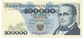 100.000 złotych 1990 -A-

Lubiana, pierwsza seria A. 
Jednokrotnie złamany przez środek z kreską pod światło. Pozostałość farby drukarskiej na stro...