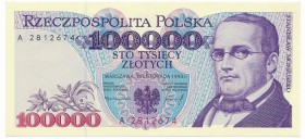 100.000 złotych 1993 -A-

Pierwsza seria A. 
Ładny egzemplarz. Zagniecenia zanikające w polu zadrukowanym na prawym górnym narożniku oraz załamana ...