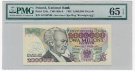 2 miliony złotych 1992 -A- Konstytucyjy- PMG 65 EPQ

Odmiana z błędem 'Konstytucyjy'. Względnie niski numer jak na ten banknot. 
Emisyjny stan zach...