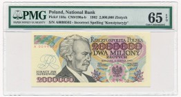 2 miliony złotych 1992 -A- Konstytucyjy- PMG 65 EPQ - niski numer

Odmiana z błędem 'Konstytucyjy'. Względnie niski numer jak na ten banknot. 
Emis...