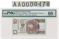 10 złotych 1994 -AA- 0000478 - PMG 68 EPQ - bardzo niski numer

Banknot okazowy i kompletny. 
Pierwsza seria, pierwszego rocznika z bardzo niskim i...