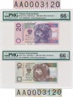 10 i 20 złotych 1994 -AA- 0003120 - ten sam numer seryjny - PMG 66 EPQ

Wyjątkowa para dwóch banknotów o różnym nominale, ale tej samej serii i o ty...