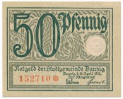 Gdańsk 50 fenigów 1919 - zielony

Rzadsza od fioletowej odmiana w zielonej kolorystyce. 
Załamany lewy, górny narożnik. Reszta wyśmienita z doskona...