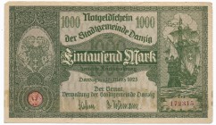 Danzig 1.000 mark 1923
Gdańsk 1.000 marek 1923
Egzemplarz z nielicznymi złamaniami w polu, jednym wyraźniejszym przez środek, ale z licznymi niedosk...