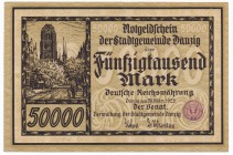 Danzig 50 000 mark 1923
Gdańsk 50.000 marek 1923

Odmiana z drukiem w kolorze brązowym. 
Nieznacznie obiegowy egzemplarz. Złamany i ugięty przez ś...