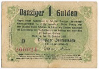 Gdańsk 1 gulden 1923 - październik

Rzadki nominał w każdym stanie zachowania. 
Kilka złamań w polu. Drobne skaleczenia górnej krawędzi. Naturalny....