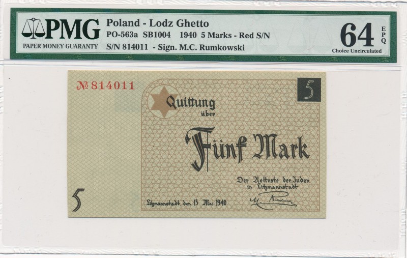5 marek 1940 num. czerwony - PMG 64 EPQ

Odmiana z numeratorem czerwonym wydru...