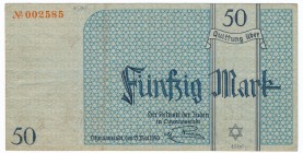 50 marek 1940 - jednokrotnie podkreślony - niski numer seryjny.

Najrzadszy nominał z emisji banknotów łódzkiego Getta. Odmiana z jednokrotnym podkr...