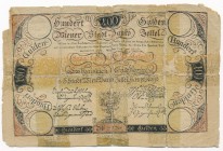 Austria 100 gulden 1806 - RARE
Austria - 100 guldenów ryńskich 1806 - RZADKOŚĆ

Rare banknote. 
Pieces missing and numerous tapes on the back but ...