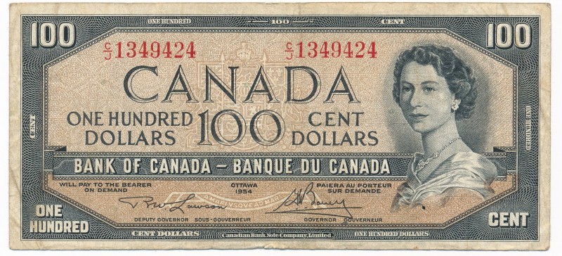 Canada 100 dollars 1954
Kanada - 100 dolarów 1954

Circulated piece with nume...