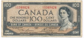 Canada 100 dollars 1954
Kanada - 100 dolarów 1954

Circulated piece with numerous folds and creases but never washed or pressed. 
Naturalny z obie...