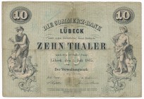 Germany Lubeck - 10 thaler 1865
Niemcy, Lubeka - 10 talarów 1865

Used. Tears. Tape on the back. 
Rozdarcie wzmocnione taśmą. 
World Paper Money ...