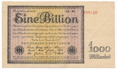 Germany - 1 billion mark 1923
Niemcy - 1 bilion marek 1923 - rzadszy

Realtively attractive piece. Vertical and horizontal folds but paper is still...