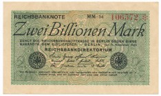 Germany 2 billions mark 1923
Niemcy - 2 biliony marek 1923

Rare piece in attractive condition. One vertical fold. Tip of upper, right corner creas...
