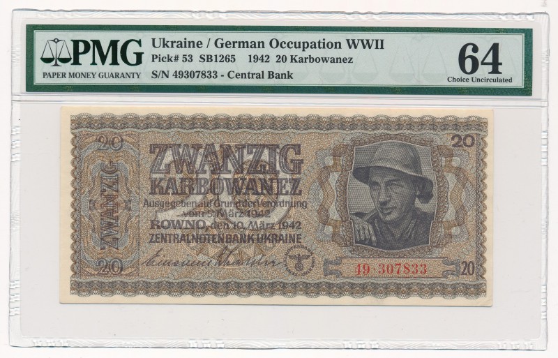Ukraine 20 karbovantsiv 1942 - PMG 64
Ukraina - 20 karbowańców 1942 - PMG 64
...