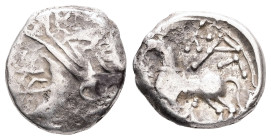 Celtic. Gaul Central, Aedui. AR, Quinarius. 1.90 g. - 13.72 mm. Circa 1st Century BC. "Kaletedou" Type.
Obv.: Celticized helmeted head of Roma left.
R...