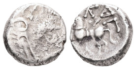 Celtic. Gaul Central, Aedui. AR, Quinarius. 1.97 g. - 12.16 mm. Circa 1st Century BC. "Kaletedou" Type.
Obv.: Celticized helmeted head of Roma left.
R...