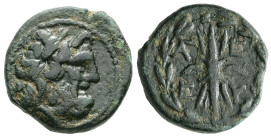 Elis, Olympia. AE, Half Unit. 4.01 g. - 17.09 mm. Mid 2nd century BC.
Obv.: Laureate head of Zeus right.
Rev.: AΓ (monogram) - E / E - Y. Winged thund...