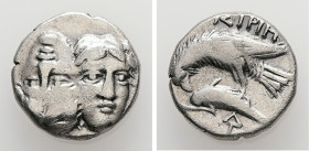 Moesia, Istros. AR, Drachm. 5.18 g. - 16.34 mm. 4th century BC.
Obv.: Facing male (Dioskouroi) heads, the left inverted.
Rev.: ΙΣΤΡΙΗ. Sea eagle left,...