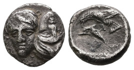 Moesia, Istros. AR, Trihemiobol or 1/4 Drachm. 1.33 g. - 11.26 mm. 4th century BC.
Obv.: Facing male (Dioskouroi) heads, the right inverted.
Rev.: [ΙΣ...