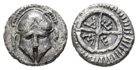Thrace, Mesembria. AR, Diobol. 1.14 g. - 10.34 mm. Circa 420-320 BC.
Obv.: Facing Corinthian helmet
Rev.: M-E-T-A, within four-spoked wheel; rays arou...