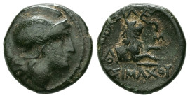 Kings of Thrace (Macedonian). Lysimachos, 305-281 BC. AE. 2.13 g. - 14.69 mm. 
Obv.: Helmeted head of Athena right.
Rev.: ΒΑΣΙΛΕΟΣ / ΛΥΣΙΜΑΧΟΥ. Forepa...