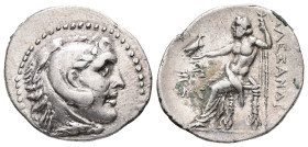 Kings of Macedon. Alexander III "the Great", 336-323 BC. AR, Drachm. 4.15 g. - 21.85 mm.
Obv.: Head of Herakles right, wearing lion's skin headdress.
...