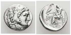 Kings of Macedon. Alexander III 'the Great', 336-323 BC. AR, Drachm. 3.51 g. - 17.39 mm. Magnesia ad Maeandrum.
Obv.: Head of Herakles right, wearing ...
