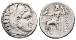 Kings of Macedon. Alexander III "the Great", 336-323 BC. AR, Drachm. 3.47 g. - 17.62 mm.
Obv.: Head of Herakles right, wearing lion's skin headdress.
...