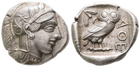 Attica, Athens. AR, Tetradrachm. 17.20 g. - 26.21 mm. Circa 454-404 BC.
Obv.: Head of Athena to right with almond-shaped profile eye, wearing crested ...