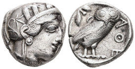 Attica, Athens. AR, Tetradrachm. 16.68 g. - 23.01 mm. Circa 454-404 BC.
Obv.: Helmeted head of Athena right, with frontal eye.
Rev.: AΘE, Owl standing...