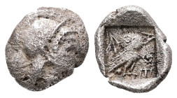 Attica, Athens. AR, Hemiobol. 0.49 g. - 9.28 mm. Circa 500/490-485/0 BC.
Obv.: Head of Athena right, wearing crested Attic helmet.
Rev.: AΘE. Owl stan...