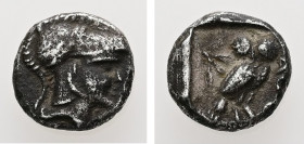 Uncertain Eastern Mint, imitating Athens. Late 4th-early 3rd century BC. AR, Obol. 0.93 g. - 8.80 mm.
Obv.: Helmeted head of Athena right, with fronta...