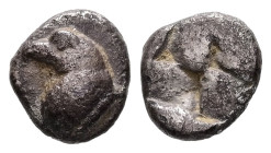 Asia Minor. Uncertain mint. AR, Obol. 0.53 g. - 9.72 mm. Late 6th-early 5th century BC.
Obv.: Head of Eagle left.
Rev.: Quadripartite incuse square....