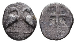 Asia Minor. Uncertain Mint. AR, Hemiobol. 0.34 g. - 8.88 mm. Circa 500-400 BC.
Obv.: Two herons standing confronted.
Rev.: Quadripartite incuse square...