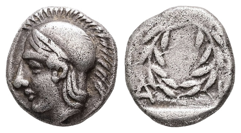 Aeolis, Elaia. AR, Diobol. 1.27 g. - 10.66 mm. Circa 450-400 BC.
Obv.: Head of A...