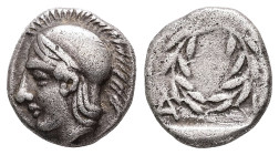 Aeolis, Elaia. AR, Diobol. 1.27 g. - 10.66 mm. Circa 450-400 BC.
Obv.: Head of Athena in crested Attic helmet to left
Rev.: [Ε-Λ]-Α-I, olive wreath ti...