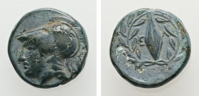 Aeolis, Elaia. AE. 1.28 g. - 10.18 mm. ca. mid 4th-3rd century BC.
Obv.: Helmeted head of Athena left.
Rev.: Ε - Λ. Grain ear within olive wreath.
Ref...
