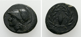 Aeolis, Elaia. AE. 5.30 g. - 20.50 mm. ca. mid 4th-3rd century BC.
Obv.: Helmeted head of Athena left.
Rev.: Ε - Λ. Grain ear within olive wreath.
Ref...