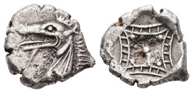 Caria, Kindya. AR, Tetrobol. 1.69 g. - 13.49 mm. Circa 510-480 BC.
Obv.: Head of ketos left.
Rev.: Design with four lattice concave sides, segmented b...