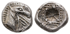 Caria, Kindya. AR, Tetrobol. 1.80 g. - 11.66 mm. Circa 510-480 BC.
Obv.: Head of ketos right.
Rev.: Design with four lattice concave sides, segmented ...