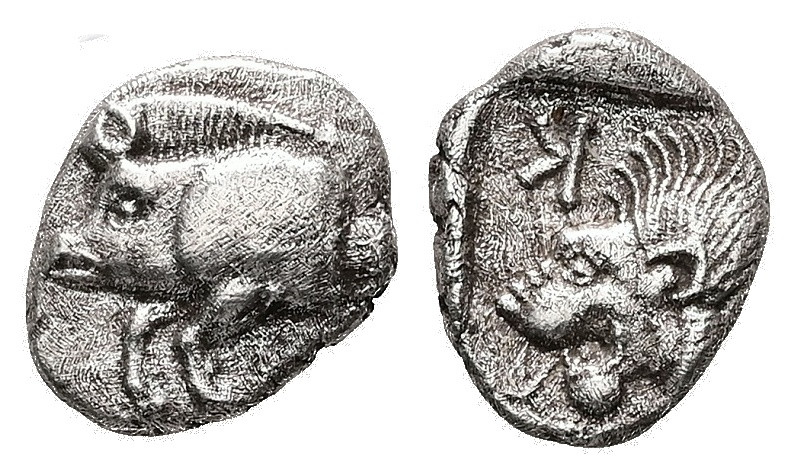 Mysia, Kyzikos. AR, Obol. 0.74 g. - 9.85 mm. Circa 450-400 BC.
Obv.: Forepart of...