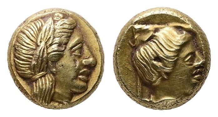 Lesbos, Mytilene. EL Hekte, 2.55 g. - 10.25 mm. Circa 377-326 BC.
Obv.: Laureat...