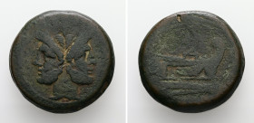 Anonymous, circa 208 BC. AE, As. 45.51 g. 36.22 mm. Mint in southeast Italy.
Obv: Laureate head of Janus.
Rev: Prow of galley right.
Ref: Crawford 479...