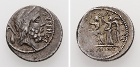 M. Nonius Sufenas, 59 BC. AR, Denarius. 3.96 g. 18.94 mm. Rome.
Obv: [S C] SVFENAS. Head of Saturn right; behind, harpa and oval object. 
Rev: PR L V ...