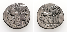 Cn. Domitius Ahenobarbus, 116-115 BC. AR, Denarius. 3.80 g. 20.24 mm. Rome.
Obv: ROMA. Helmeted head of Roma, right, with curl on left shoulder. 
Rev:...