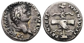 Domitian Caesar, 69-81 AD. AR, Denarius. 3.20 g. - 18.00 mm. Rome.
Obv.: CAESAR AVG F DOMITIANVS COS VI. Head of Domitian, laureate, right.
Rev.: PR...