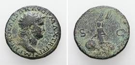 Nero, AD 54-68. AE, As. 9.81 g. 27.37 mm. Rome.
Obv: IMP NERO CAESAR AVG P MAX TR P P P. Head of Nero, laureate, right.
Rev: S C. Victory, winged, dra...